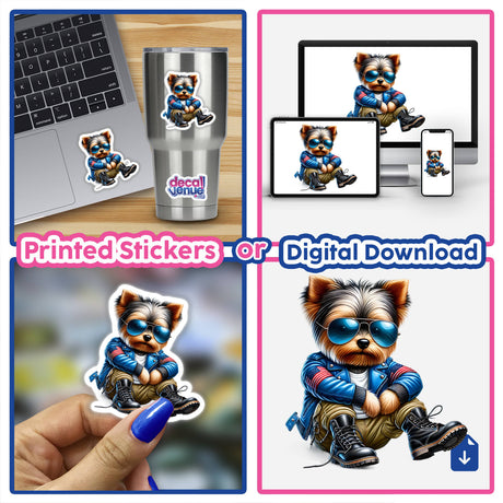 Patriotic Leather Yorkie Aviator Sunglasses sticker on a laptop, featuring a cartoon dog in sunglasses and a jacket. Available as stickers or digital artwork from Decal Venue.