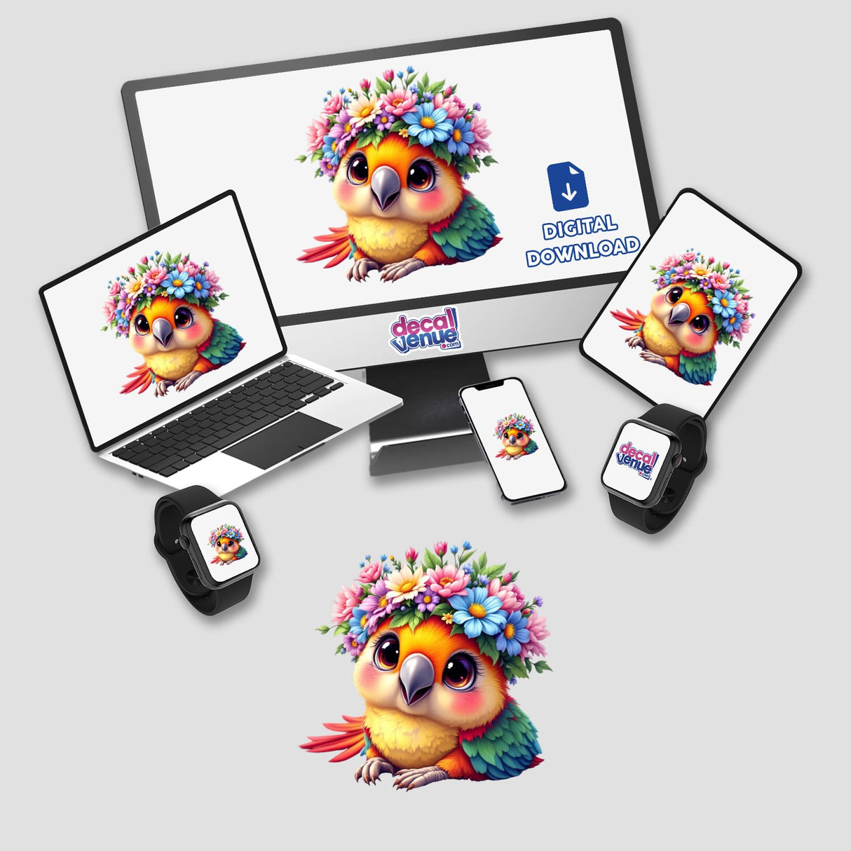Charming Parrot Wearing a Colorful Flower Crown sticker and digital art adorns screens and devices, showcasing the vibrant bird with floral accents, embodying Decal Venue's unique charm.