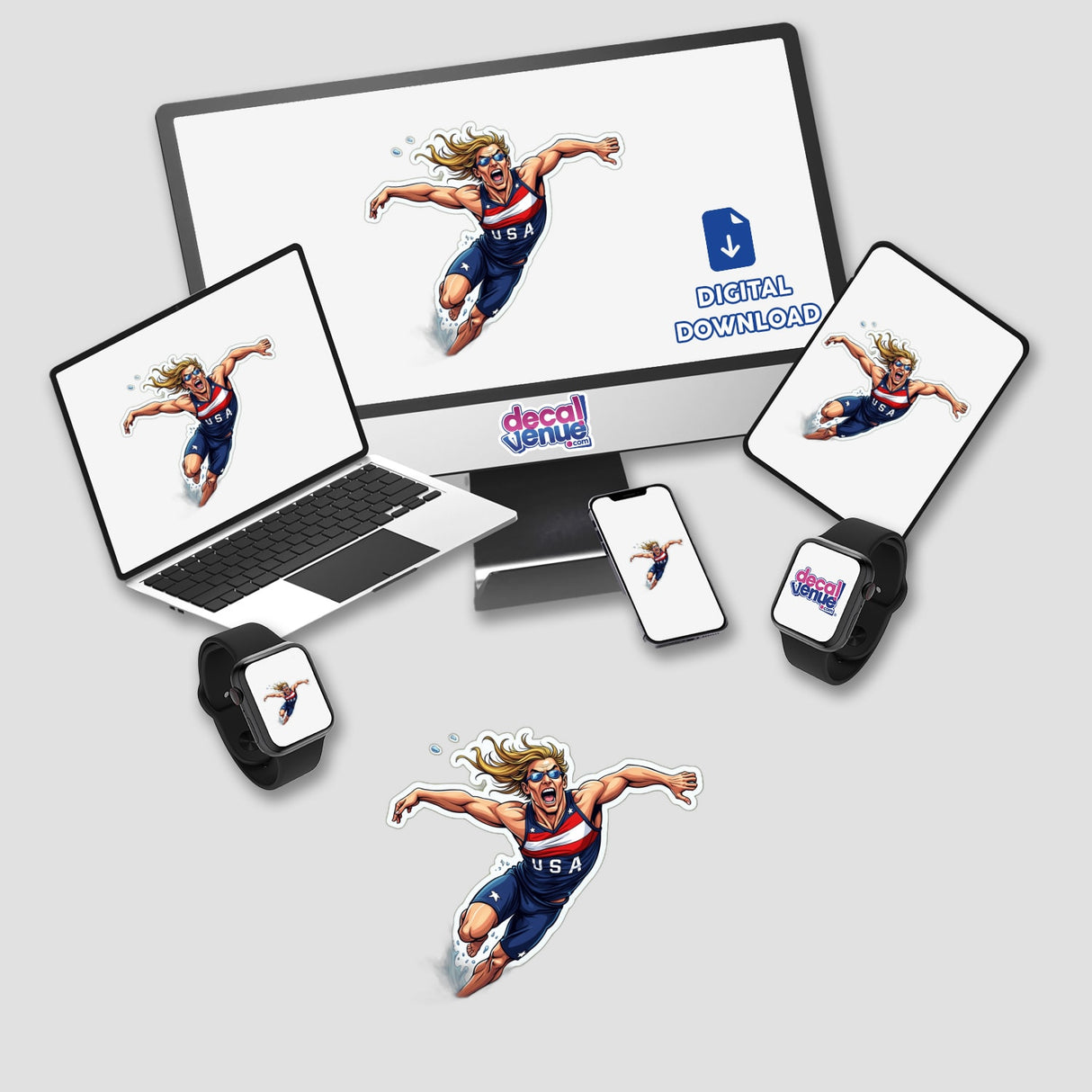 Velocista Nato: A computer monitor and laptop display a running cartoon man, perfect for unique stickers or digital artwork from Decal Venue.