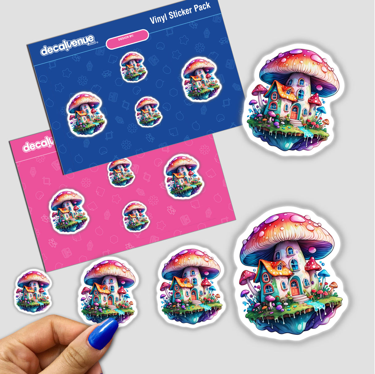 Trippy Mushroom House: Psychedelic Sticker featuring a cartoon mushroom house on a floating island, shown in a hand with blue nail polish.
