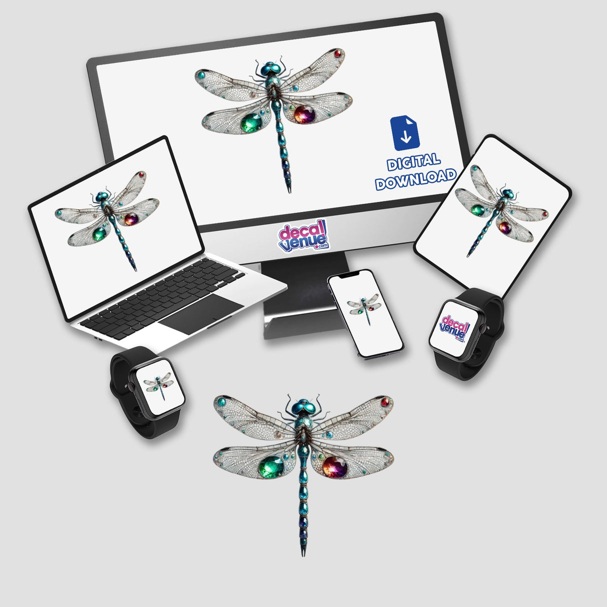 Dragonfly Gemstones and Jewels sticker or digital artwork, depicting a detailed dragonfly adorned with multicolored gems, displayed on various screens including a laptop and smartwatch.