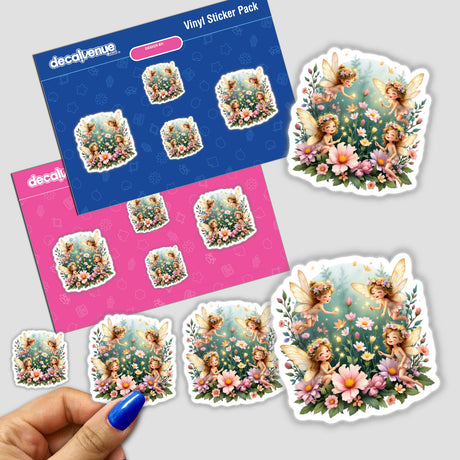 Tiny Fairies with Glowing Wings and Spring Flower Crowns sticker pack, featuring fairies flying around flowers, ideal for enhancing handmade items. A hand is shown holding one of the detailed stickers.