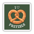 Delicious pretzel design with heart shape, featuring text "I Love Pretzels" on green background.