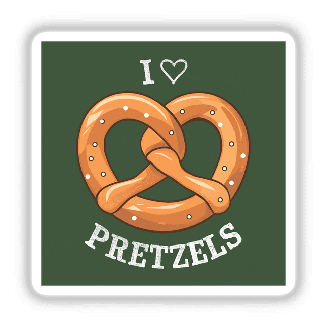 Delicious pretzel design with heart shape, featuring text "I Love Pretzels" on green background.