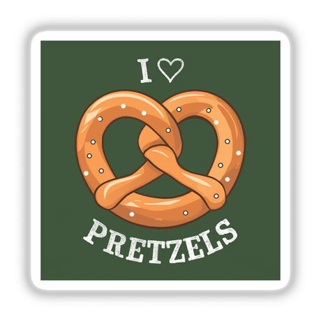 Delicious pretzel design with heart shape, featuring text "I Love Pretzels" on green background.