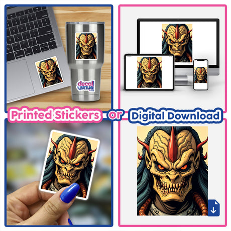 Collage featuring A Cool Alien Predator Soldier sticker on a laptop, showcasing a cartoon monster design, available as unique vinyl stickers or digital artwork from Decal Venue.