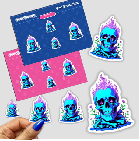 A Skull And Bones On Fire sticker features a skull with purple flames, capturing a bold, edgy design perfect for personalizing laptops or spaces.