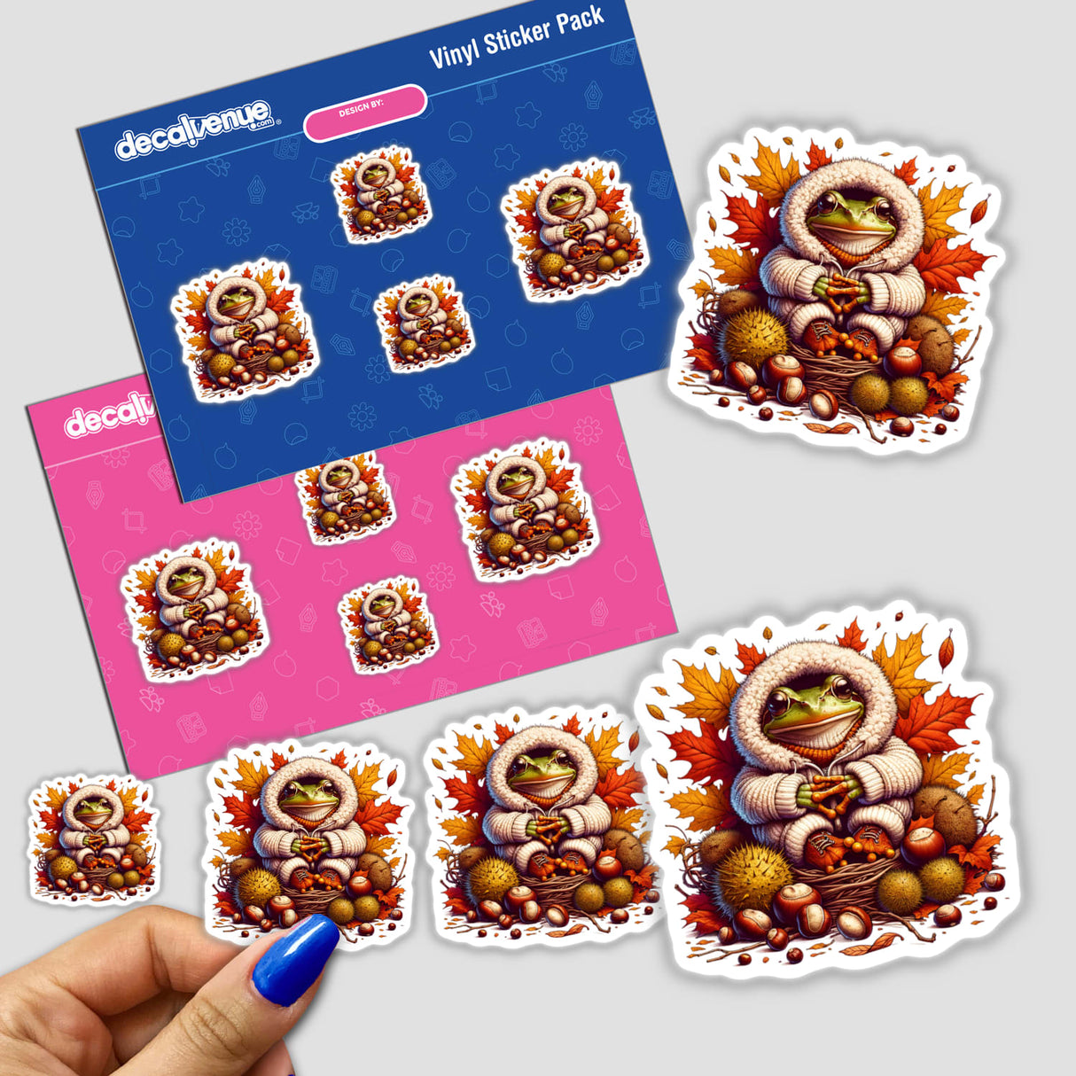Sticker pack titled Autumn Frog in Cozy Sweater featuring a cartoon frog wearing a coat and holding a basket of leaves, along with other whimsical characters. Available as stickers or digital artwork.