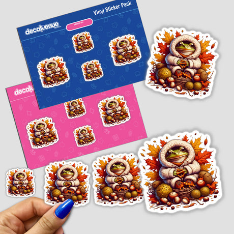 Sticker pack titled Autumn Frog in Cozy Sweater featuring a cartoon frog wearing a coat and holding a basket of leaves, along with other whimsical characters. Available as stickers or digital artwork.