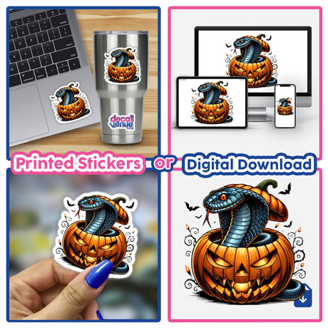 Cobra Snake Peeking Out of Pumpkin Halloween - Spooky digital artwork featuring a pumpkin with a cobra snake emerging from it, perfect for decorative stickers or digital downloads.