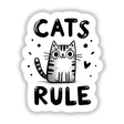 Cats Rule sticker featuring a cartoon cat with big eyes, surrounded by playful black lettering and a black circle on a white background.