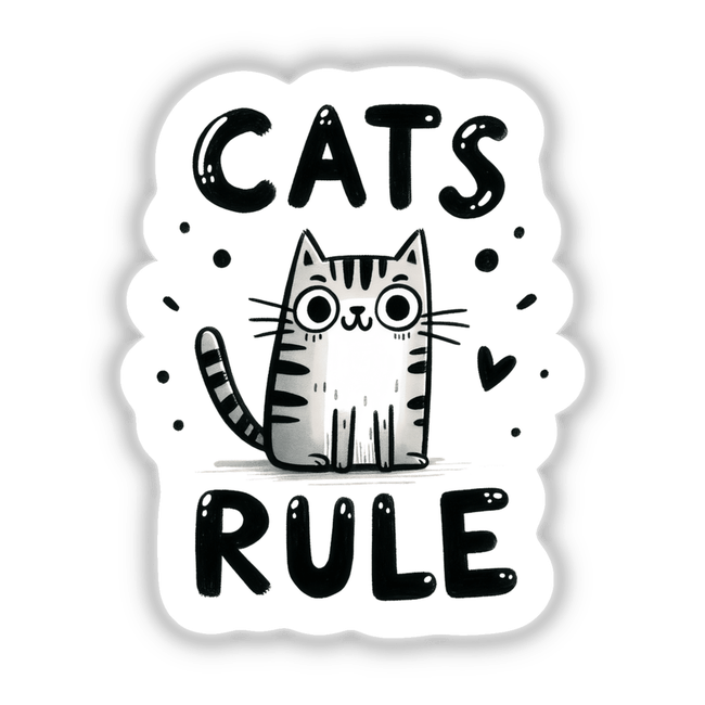 Cats Rule sticker featuring a cartoon cat with big eyes, surrounded by playful black lettering and a black circle on a white background.