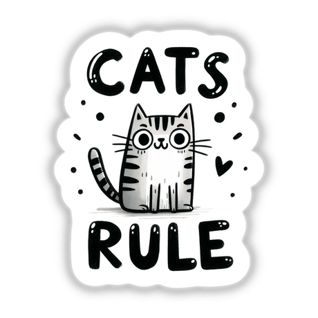 Cats Rule sticker featuring a cartoon cat with big eyes, surrounded by playful black lettering and a black circle on a white background.
