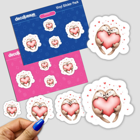 Sleeping Otters with Hearts stickers featuring two otters hugging hearts, perfect for decorating personal items. Their charming, loving design embodies Decal Venue's unique vinyl sticker and digital art offerings.