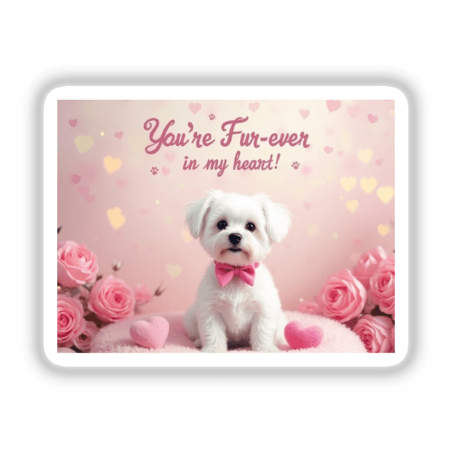 Maltese Sticker and Clipart with Commercial Rights – a white dog wearing a pink bow tie, sitting on a pink pillow adorned with hearts and roses, ideal for Valentine's Day design.
