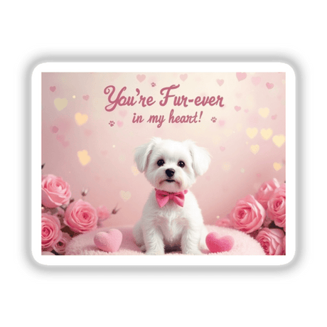 Maltese Sticker and Clipart with Commercial Rights – a white dog wearing a pink bow tie, sitting on a pink pillow adorned with hearts and roses, ideal for Valentine's Day design.