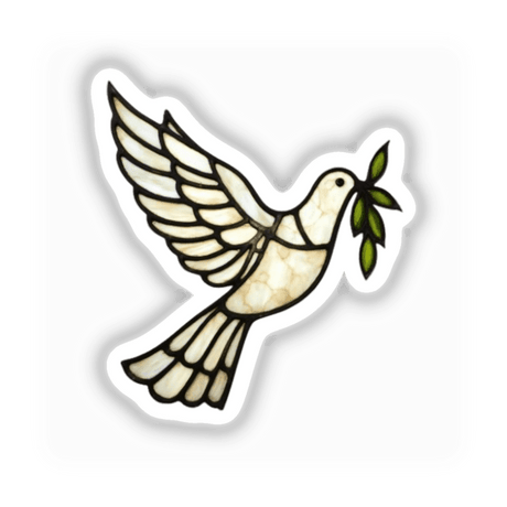 Stained Glass Dove Descending with Olive Branch Clipart features a white dove carrying a green branch, available as a Christian sticker or digital artwork with commercial rights.