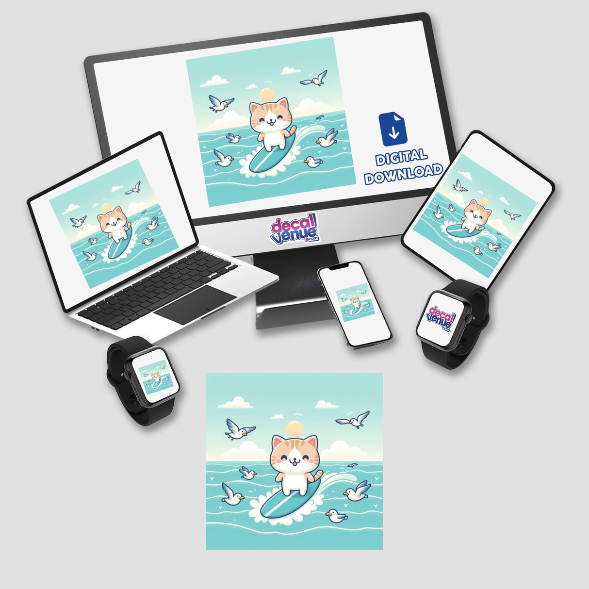 Cute digital artwork of a surfer cat on a surfboard, surrounded by seagulls and the ocean. The image is displayed on various devices including a laptop, tablet, smartphone, and smartwatch, showcasing the versatility of this charming digital download from the Decal Venue store.
