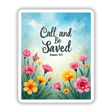 Fauvist Spring Freesia “Call and Be Saved” Romans 10:13 Sticker or Clipart features a vibrant floral painting on a card, ideal for unique vinyl stickers or digital art with commercial rights.