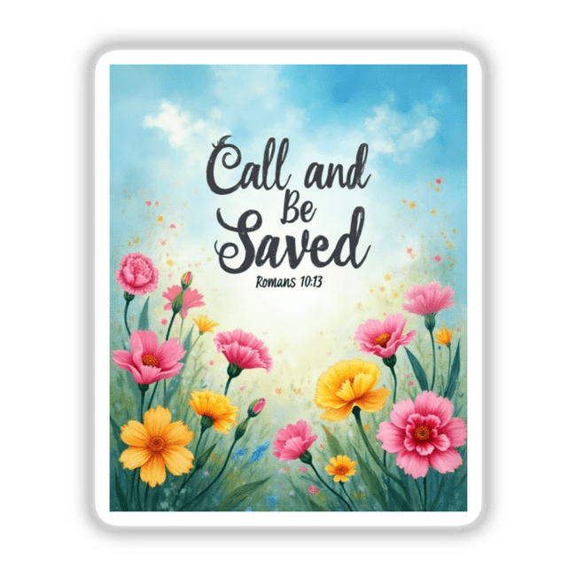 Fauvist Spring Freesia “Call and Be Saved” Romans 10:13 Sticker or Clipart features a vibrant floral painting on a card, ideal for unique vinyl stickers or digital art with commercial rights.