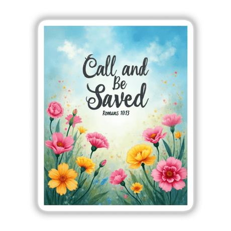 Fauvist Spring Freesia “Call and Be Saved” Romans 10:13 Sticker or Clipart features a vibrant floral painting on a card, ideal for unique vinyl stickers or digital art with commercial rights.