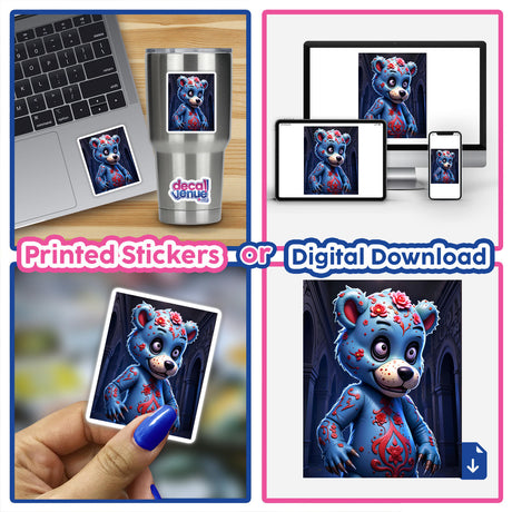 A Macabre Scary Bear sticker on a laptop, featuring a cartoon bear with a blend of blue and red garments, available as unique vinyl stickers or digital artwork.