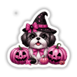 Shih Tzu dog in a person hat surrounded by pink glitter Halloween pumpkins, available as stickers or digital artwork.