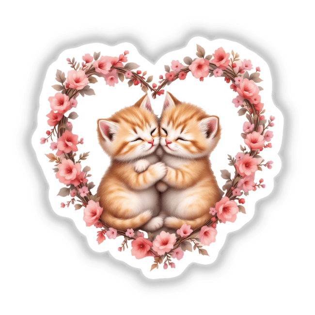 Snuggling Kittens on a Heart Wreath: Two kittens hugging within a heart-shaped wreath of flowers, capturing warmth and charm, perfect as vinyl stickers or digital art for cat lovers.