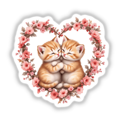 Snuggling Kittens on a Heart Wreath: Two kittens hugging within a heart-shaped wreath of flowers, capturing warmth and charm, perfect as vinyl stickers or digital art for cat lovers.