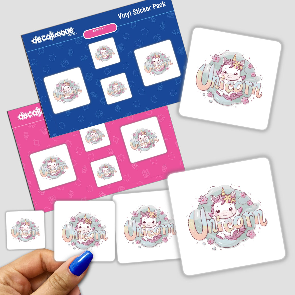 Cute pink and white unicorn digital artwork stickers featured in a variety of designs, displayed on Decal Venue product packaging.