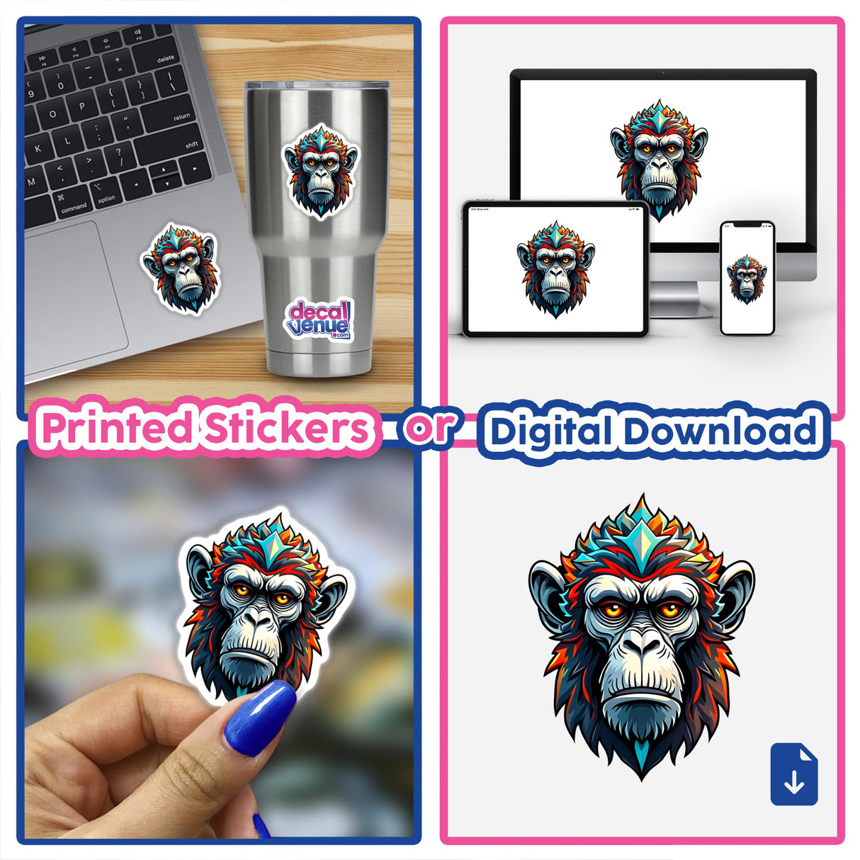 A Cool Monkey King sticker featuring a colorful monkey with a diamond crown, available as a sticker or digital artwork, displayed on a laptop, showcasing Decal Venue's unique artistry.