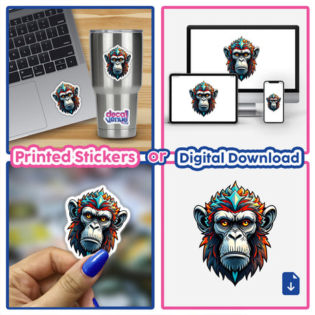 A Cool Monkey King sticker featuring a colorful monkey with a diamond crown, available as a sticker or digital artwork, displayed on a laptop, showcasing Decal Venue's unique artistry.