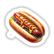 Hotdog sticker or digital artwork featuring a hot dog topped with mustard and ketchup in a bun, perfect for food enthusiasts.