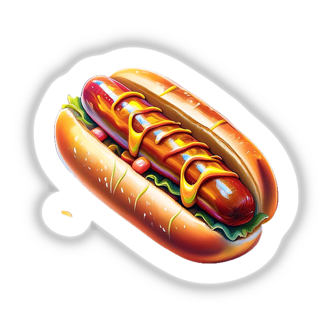 Hotdog sticker or digital artwork featuring a hot dog topped with mustard and ketchup in a bun, perfect for food enthusiasts.