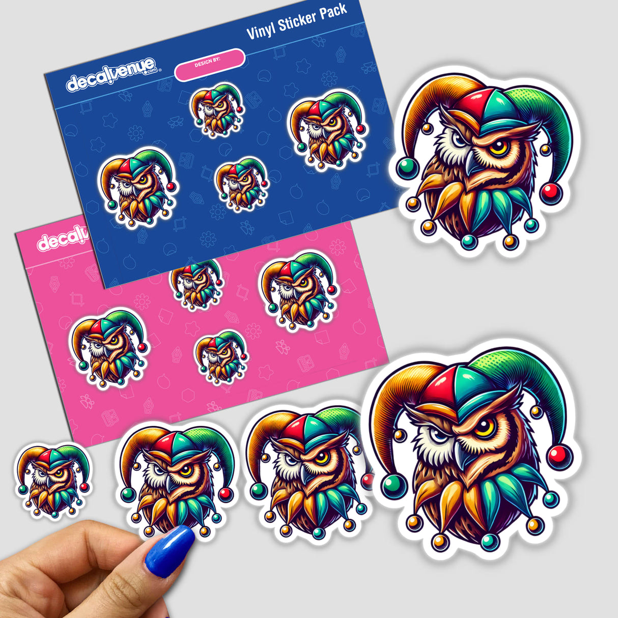 Sticker of a cartoon owl wearing a jester's hat, available as both physical stickers and digital artwork.