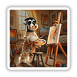 Painter Schnauzer – Artistic Dog in Beret Creating Abstract Art: A schnauzer in a beret holds a paint palette, surrounded by artwork and a stool, embodying creativity for stickers or digital artwork.