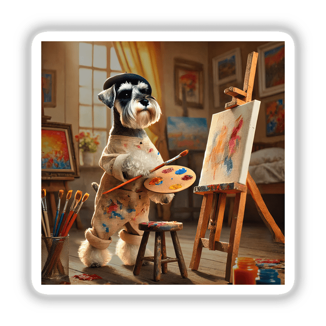 Painter Schnauzer – Artistic Dog in Beret Creating Abstract Art: A schnauzer in a beret holds a paint palette, surrounded by artwork and a stool, embodying creativity for stickers or digital artwork.