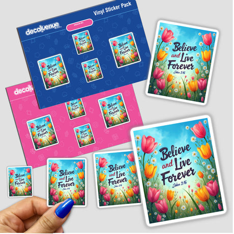 Fauvist Spring Daisy “Believe and Live Forever” John 3:16 Sticker or Clipart featuring floral designs with text, available as a sticker or digital artwork with commercial rights.