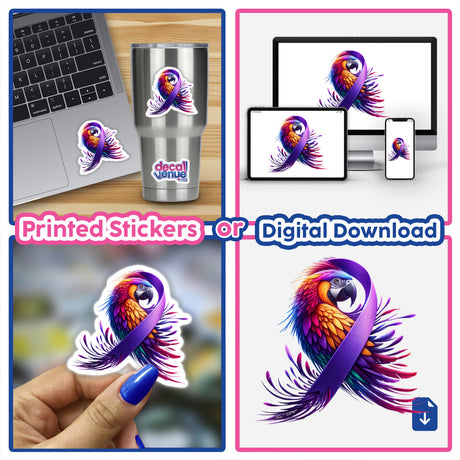 Parrot Purple Ribbon Alzheimer's Awareness sticker featuring a colorful parrot with a purple ribbon, shown on a laptop, emphasizing support for Alzheimer's awareness.
