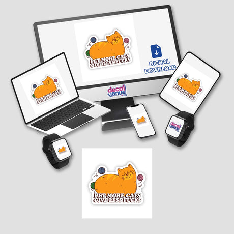 Pet More Cats Give Less Fu**s sticker displayed on a laptop screen, showcasing a playful cat with yarn balls, highlighting Decal Venue's unique vinyl stickers and digital art offerings.