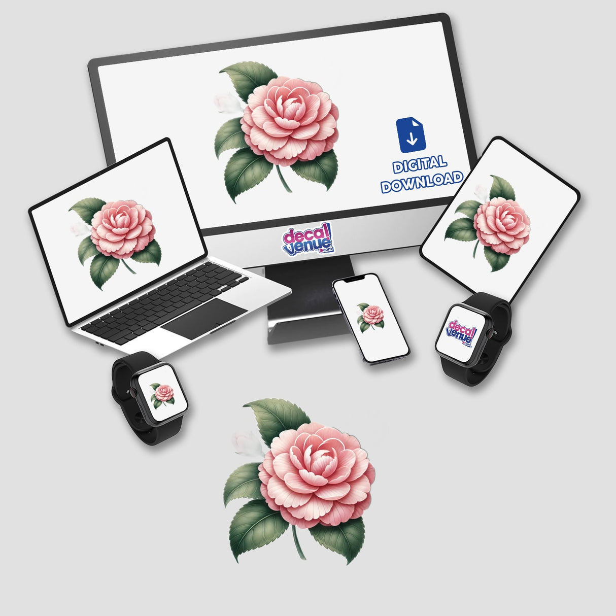 Exquisite Camellia Botanical Clipart - Alabama State Flower | Commercial Use & Sticker Option featuring floral graphics displayed on a computer monitor and laptop.
