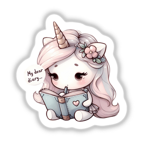 Cute unicorn sticker with pink hair and floral crown reading her diary