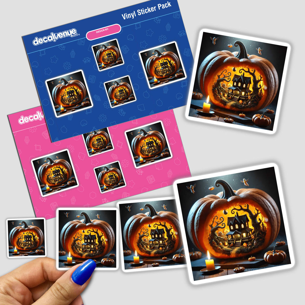 Hand holding a sticker pack titled Pumpkin Realm - A Tiny Haunted World Inside a Pumpkin, featuring detailed illustrations of pumpkins with miniature houses inside.