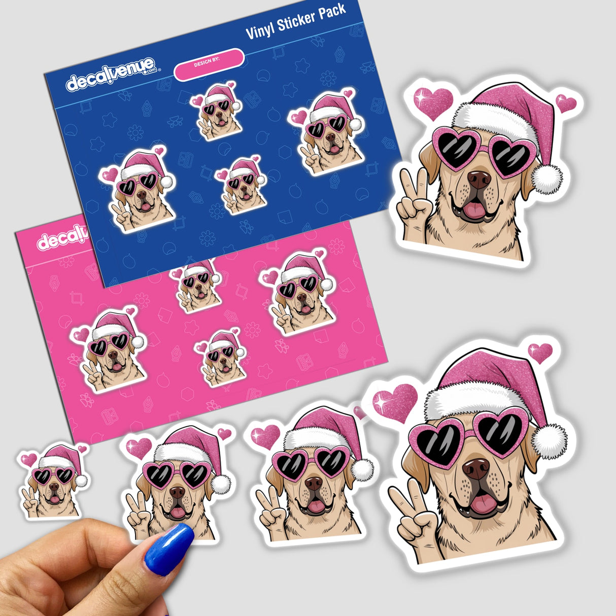 Pink Santa Lab Labrador Dog Peace Sign sticker featuring a cartoon Labrador wearing a Santa hat and sunglasses, embodying the playful and unique style of Decal Venue's sticker collection.