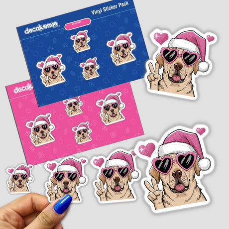 Pink Santa Lab Labrador Dog Peace Sign sticker featuring a cartoon Labrador wearing a Santa hat and sunglasses, embodying the playful and unique style of Decal Venue's sticker collection.