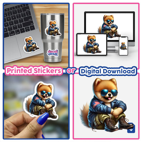 Patriotic Pomeranian puppy wearing aviator sunglasses and leather jacket, featured on stickers and digital artwork.