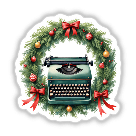 Typewriter in a Christmas Wreath design features a vintage typewriter adorned with festive elements, including a decorative wreath and bow, ideal as stickers or digital art from DecalVenue.