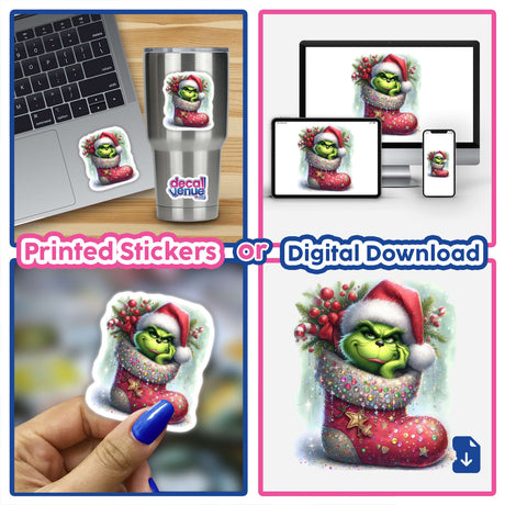 Watercolor Green Grouch in Embellished Christmas Stocking sticker, shown on a laptop and held by hand, highlighting its playful design suitable for festive decor or as digital artwork.