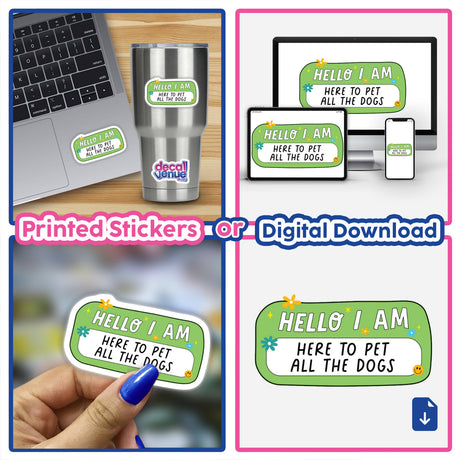 Collage featuring Hello I Am stickers, displayed on a laptop, cup, and held by a person, showcasing Decal Venue's unique vinyl stickers and digital art collection.