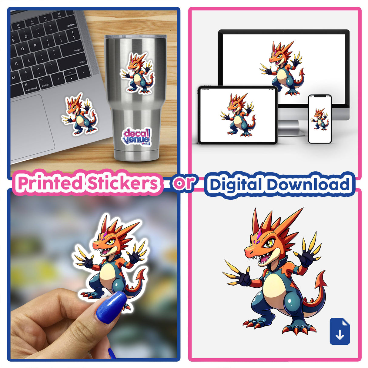 Collage featuring Dino Fighter - Cretaceous Crusher cartoon dragon sticker on a laptop and cup, highlighting unique vinyl sticker design from Decal Venue.